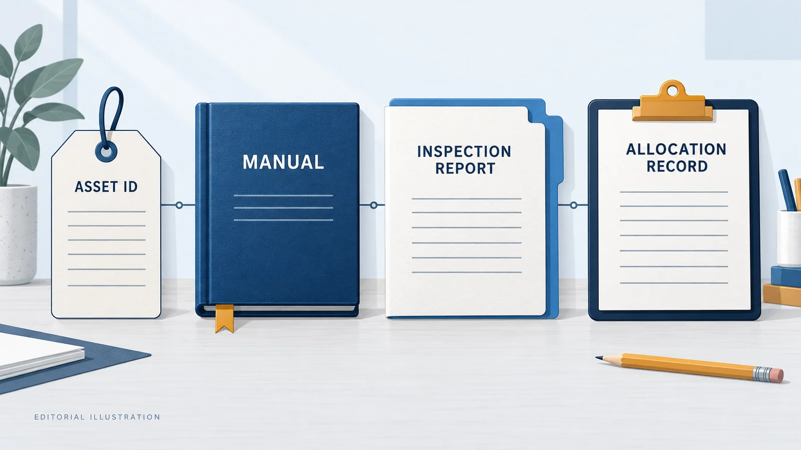 Editorial illustration linking an asset tag, a model manual, an inspection report and a school allocation record.